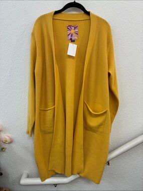 Lesley Evers Mustard Yellow Open-Front Cardigan Sweater Womens XS/S Longline